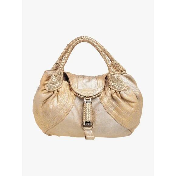 Fendi Holographic Textured Leather Woven Handle Spy Hand Bag Metallic Gold - Picture 1 of 9